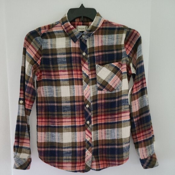 ALTAR'D STATE BUTTON-UP PLAID TOP XS- ROLL -TAB SLEEVES - Picture 1 of 11